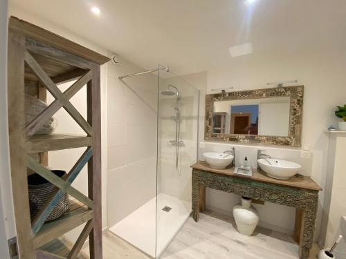 ein Bad mit einem Waschbecken, einem Spiegel und einer Dusche in der Unterkunft Mas de Bagarry in Plan-de-la-Tour