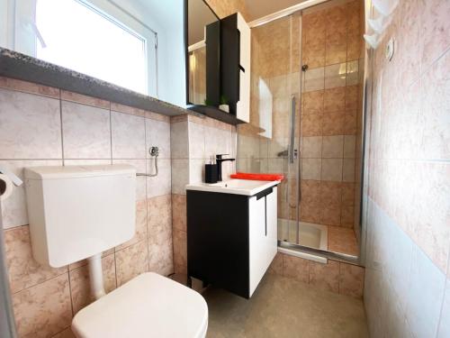 W łazience znajduje się toaleta, umywalka i prysznic. w obiekcie Soba za goste Kraljica 3 w mieście Kupres