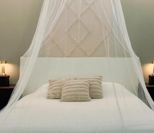 a white bed with a canopy and two pillows on it at Lovely studio in Oud-Beijerland in Oud-Beijerland