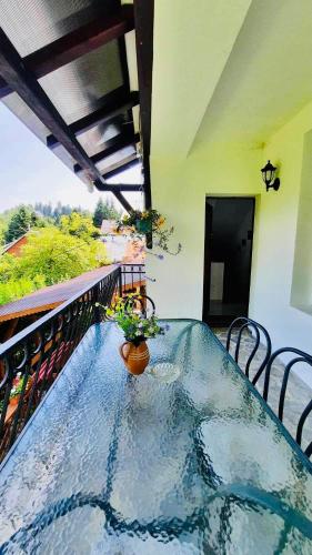a balcony with a table with plants on it at Iepurasul Sinaia in Sinaia