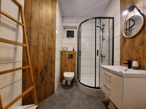 a bathroom with a shower and a toilet and a sink at Pokoje i apartamenty Antonówka in Władysławowo
