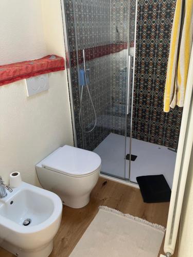 a bathroom with a shower and a toilet and a sink at Podere La Croce Toscana in Solata