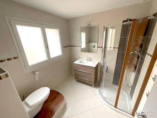 uma casa de banho com um WC, um chuveiro e um lavatório. em La Parenthèse gîte à la campagne em Fougerolles