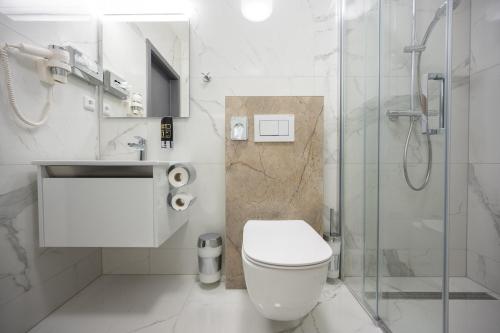 a white bathroom with a toilet and a shower at Hotel Barborský dvůr in Kutná Hora