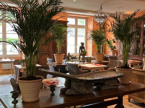a restaurant with tables and chairs and potted plants at Hostellerie Les Hauts De Sainte Maure in Sainte-Maure-de-Touraine