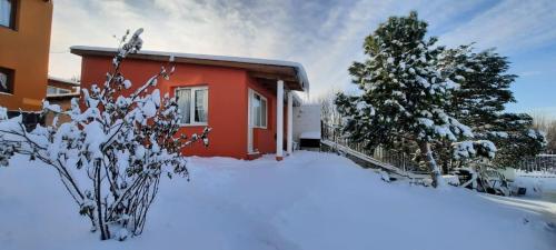 a house with a snow covered yard in front of it at Lo de Kami in Ushuaia
