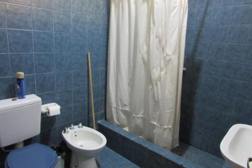 a bathroom with a toilet and a shower and a sink at Hostel Céntro Belén in Belén