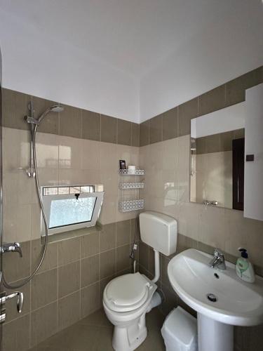 a bathroom with a toilet and a sink and a shower at Vila Jona Palasë in Dhërmi