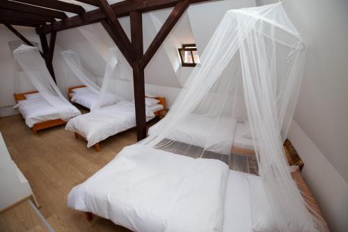 two beds in a room with mosquito nets at Women's Only Hostel - Female Only in Prague