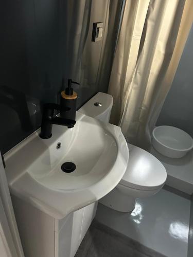 a bathroom with a white sink and a toilet at Dom Na Wodzie in Węgorzewo