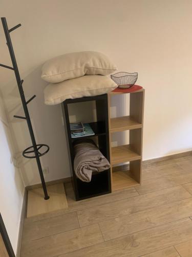 ein Zimmer mit einem Regal mit einem Kissen darüber in der Unterkunft Petit endroit paisible in La Roquette-sur-Siagne