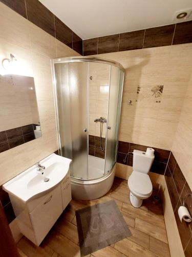 a bathroom with a shower and a toilet and a sink at Nocleg Hotel Nad Stawami in Brzostek