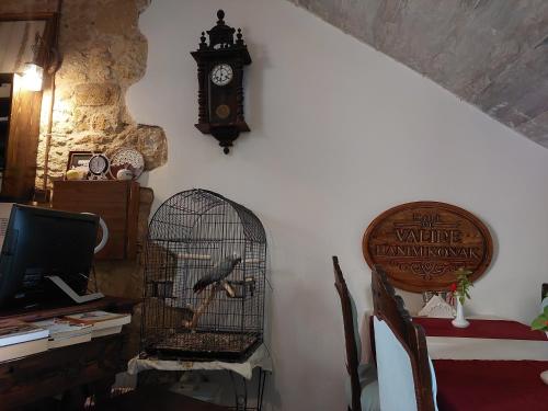 une chambre avec un oiseau dans une cage et une horloge sur le mur dans l'établissement Hotel Valide Hanim Konak, à Lefkosa Turk