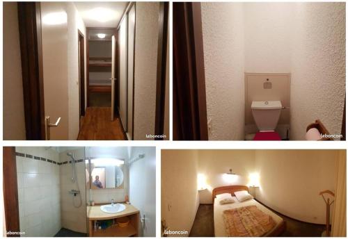 two pictures of a hotel room with a bed and a bathroom at Montagne aux Contamines Montjoie Appartement 6-7 personnes in Les Contamines-Montjoie