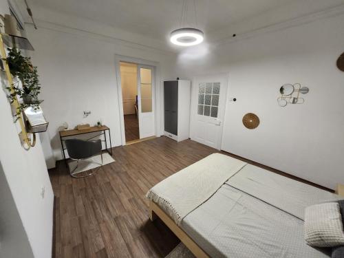 a bedroom with a bed and a desk in it at Gold in Bela Crkva