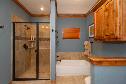 a bathroom with a shower and a tub and a toilet at Luxurious, Tranquil, 4BR Lakefront Villa in Mabank