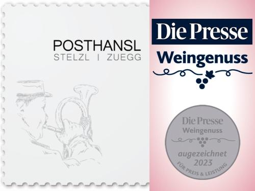 two labels for a wine bottle and a wine glass at POSTHANSL in Gamlitz