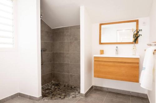 a bathroom with a sink and a shower at Ti Chill, appartement 3 pièces neuf front de mer in Les Anses-dʼArlets