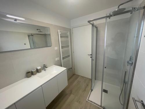 uma casa de banho com um lavatório e uma cabina de duche em vidro. em Haus Margarete - Agenzia Cocal em Caorle