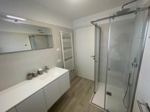 un bagno con lavandino e doccia in vetro di Haus Margarete - Agenzia Cocal a Caorle