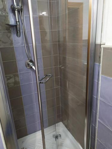 a shower with a glass door in a bathroom at Appartamento Rais Gerbi in Finale
