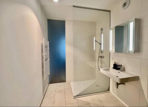 a white bathroom with a sink and a shower at Sunset Apartment Vienna in Vienna