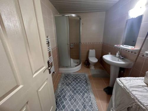W łazience znajduje się prysznic, toaleta i umywalka. w obiekcie sea ​​view is great w mieście Arsin