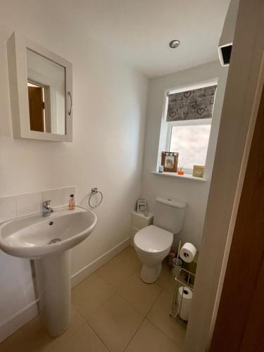 a bathroom with a sink and a toilet and a window at Chestnut Cottage in East Bergholt