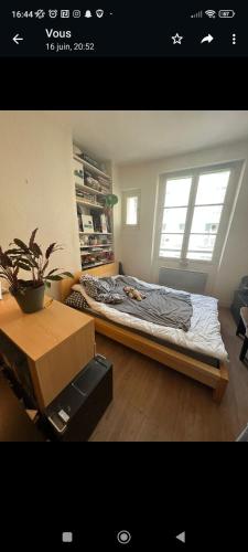 パリにあるCharmant studio proche Panthéon - Voisin de Emily in parisの窓付きの部屋にベッド付きのベッドルーム1室があります。