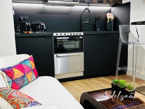 La cuisine est équipée de placards noirs et d'un four avec plaques de cuisson blanches. dans l'établissement Paris Marais by Melvane, à Paris