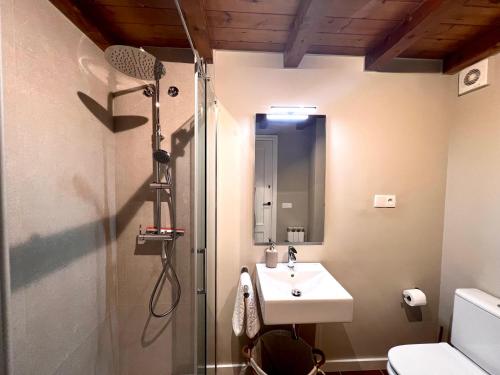een badkamer met een douche en een wastafel bij Dúplex La Solana in Sort