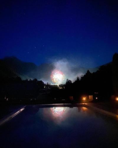 a firework in the sky over a pool at night at Hôtel Restaurant Le Madame in La Ferrière