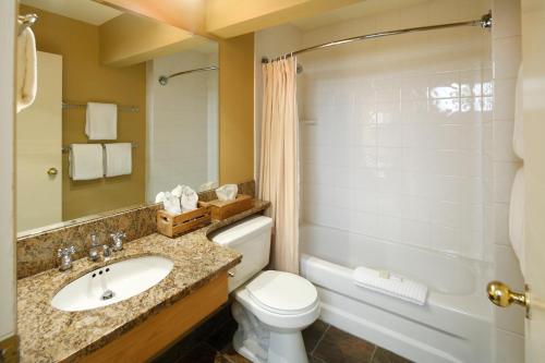 y baño con lavabo, aseo y ducha. en Emerald Lake Lodge, en Field