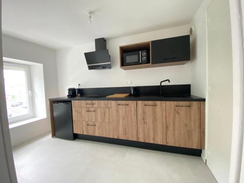 - une cuisine avec un évier et un four micro-ondes sur le mur dans l'établissement La Douce Angevine - La Perruche - Proche centre, à Angers