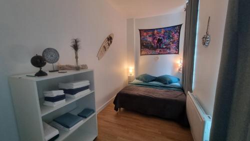 - une petite chambre avec un lit et une étagère dans l'établissement OFFRE SPECIALE Joli T2 COEUR de Lille, à Lille