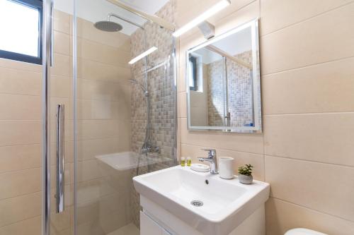 a bathroom with a sink and a shower and a mirror at City center 1-Bedroom Apartment in Plovdiv
