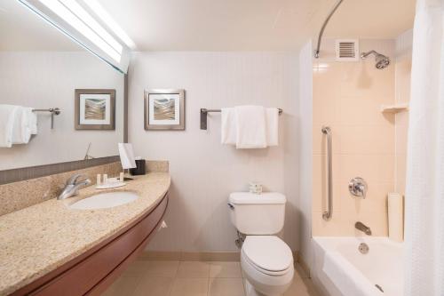 a bathroom with a toilet and a sink and a shower at Courtyard by Marriott Silver Spring Downtown in Silver Spring