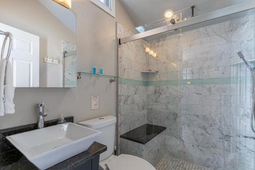 a bathroom with a shower and a toilet and a sink at H2 1 Bedroom Downtown Stamford in Stamford