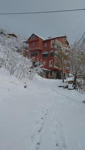 uma estrada coberta de neve em frente a um edifício em Çaykara Dağ Evi em Çaykara