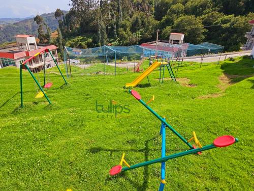 a playground with a bunch of play equipment in a field at Tulips Village Resorts in Ooty