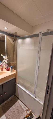 La salle de bains est pourvue d'une douche, d'un lavabo et d'un comptoir. dans l'établissement 2 pièces vue panoramique sur mer et baie de Cannes, à Théoule-sur-Mer