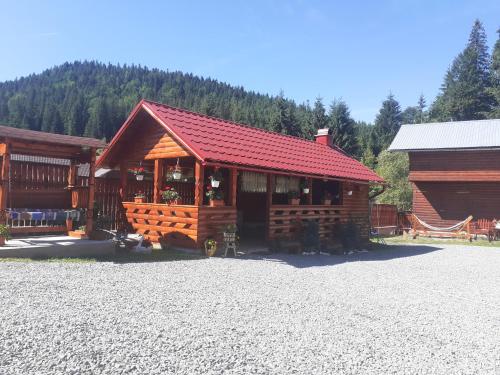 a log cabin with a red roof and a building at Casa ALINA ȘI ANDREEA in Arieşeni