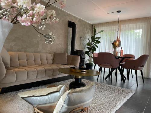 een woonkamer met een bank en een tafel bij Charmant, ontspannen Molenzicht in Ootmarsum