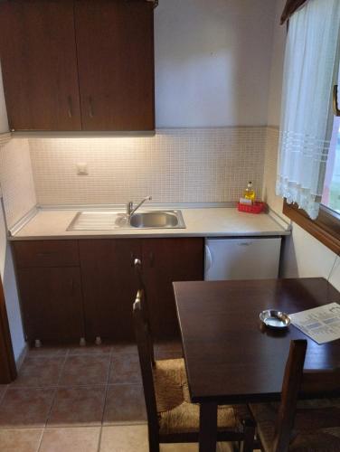 a small kitchen with a sink and a table at Elatodasos in Taxiarchis