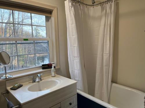 a bathroom with a sink and a window and a tub at Not-so-tiny, Tranquil, Pond front Bungalow in Canaan