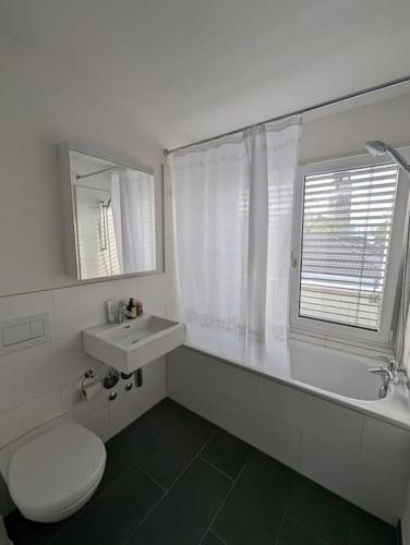 La salle de bains blanche est pourvue de toilettes et d'un lavabo. dans l'établissement Modern Roof-Top with Terrace & View, à Zurich