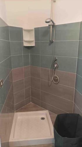 een badkamer met een douche, een toilet en een vuilnisbak bij dg.apartaments in Alcamo