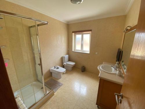 a bathroom with a shower and a toilet and a sink at Amazing Scorpion´s House Leiria in Leiria