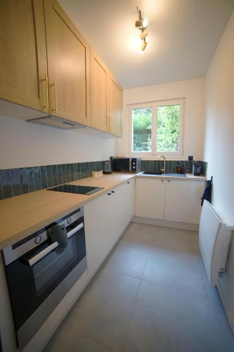 une cuisine avec des armoires blanches et un four à plaques de cuisson dans l'établissement Monseigneur Dijon central & design avec parking, à Dijon