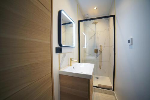 une salle de bain avec un lavabo blanc et un miroir dans l'établissement Monseigneur Dijon central & design avec parking, à Dijon